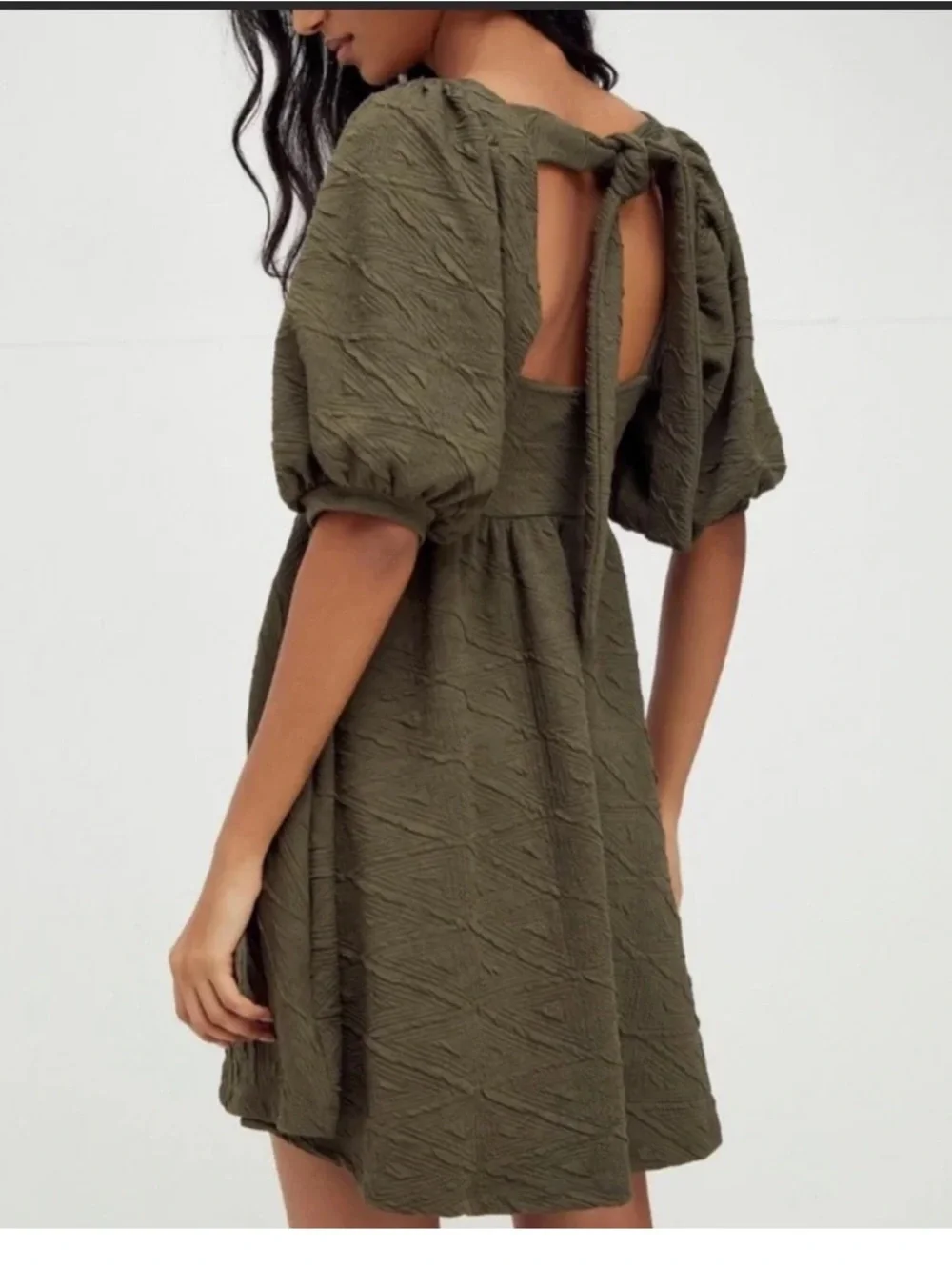 Free People Olive Green Puff-Sleeve Mini Dress